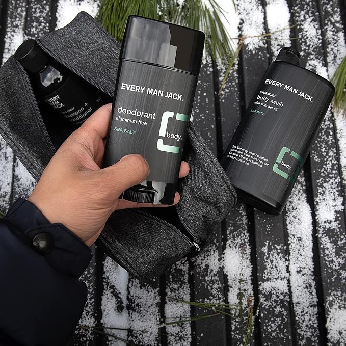 Every Man Jack Sea Salt Bath and Body Gift Set - Perfect for Every Guy - Three Grooming Essentials with Clean Ingredients - Body Wash, 2-in-1 Shampoo + Conditioner, Deodorant + Bonus Dopp Bag