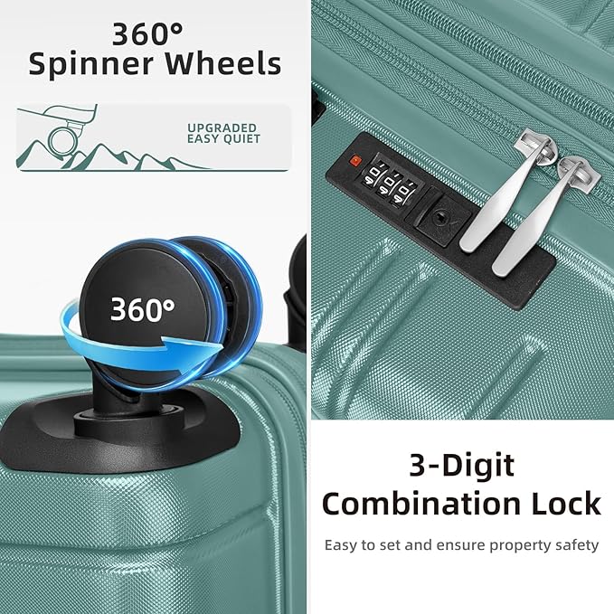 6 Piece Luggage Sets with Bags, Lightweight Expandable Checked Luggage Sets, Hardshell ABS Spinner Wheels Carry on Suitcase with TSA Lock, for Travel, Women Men (Aqua Blue, 18/20/24/28inch+2bags)