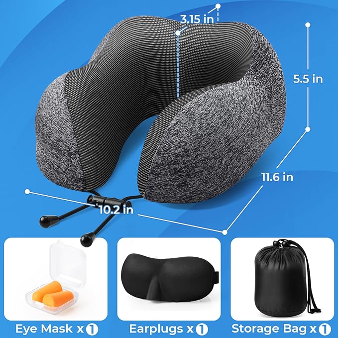 ExploreBliss Travel Pillow, 2 Pack Travel Pillows for Sleeping Airplane, Neck Pillow Airplane, Memory Foam Neck Pillow Set with Eye Mask, Earplugs and Storage Bag -Grey & Pink