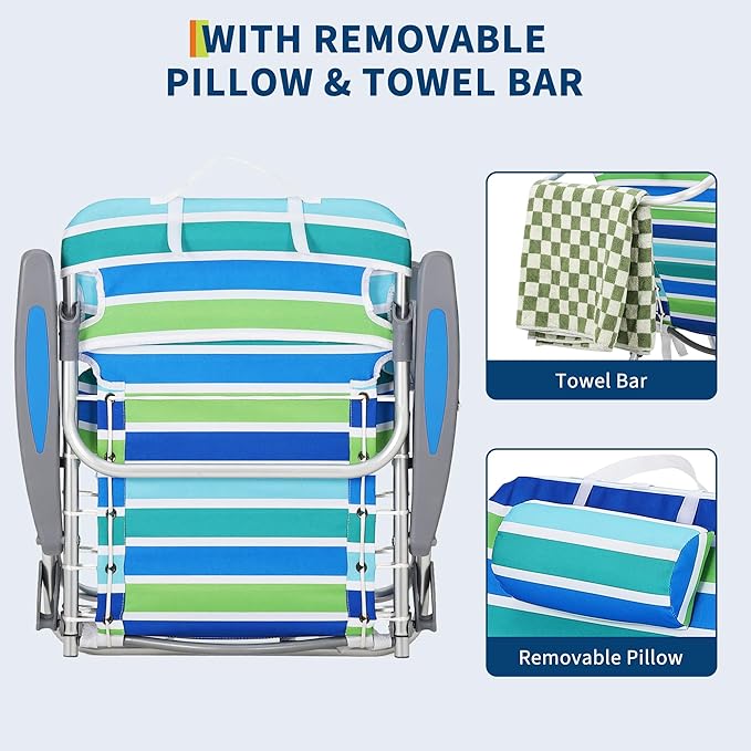 GarveeLife Backpack Beach Chair for Adults 2 Pack, Lightweight Portable Lay Flat Folding Beach Chair with 5 Positions, Backpack Straps, Phone Pocket, Cup Holder & Towel Bar, Support to 300 LBS