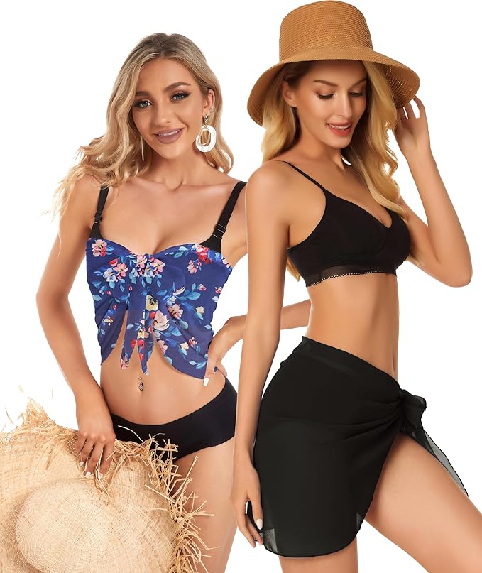 CHICGAL 2 Pieces Women Beach Sarong Bathing Suit Wrap Skirt Sheer Bikini Swimsuit Cover Ups for Swimwear