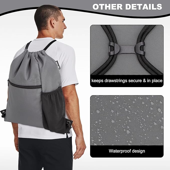 HOLYLUCK Men & Women Outdoor Sport Gym Sack Waterproof Drawstring Backpack Bag (Standard with drawstring, dark grey)