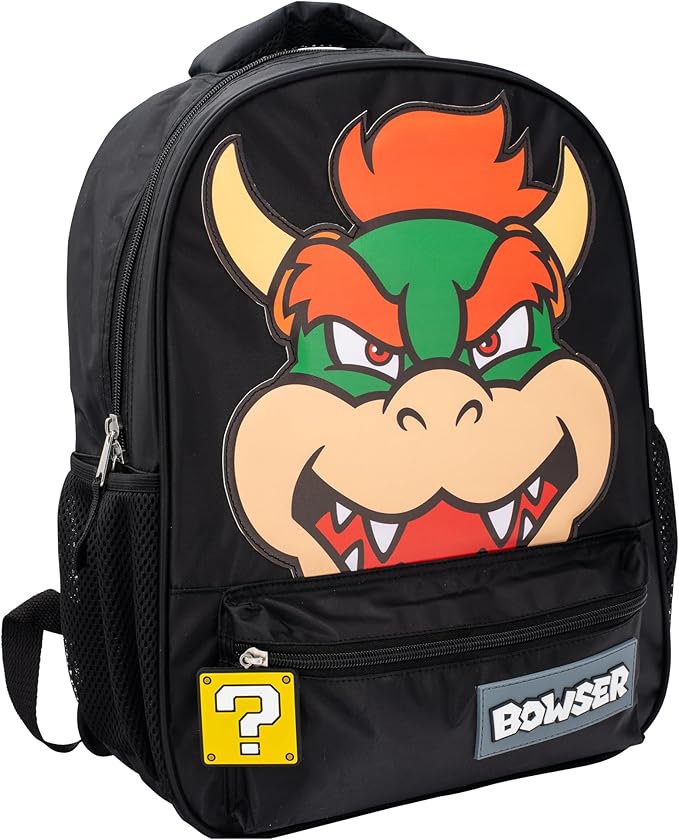 AI ACCESSORY INNOVATIONS Super Mario Bowser Backpack for Boys & Girls, 16 Inch Nylon Twill Big Face Schoolbag, Black