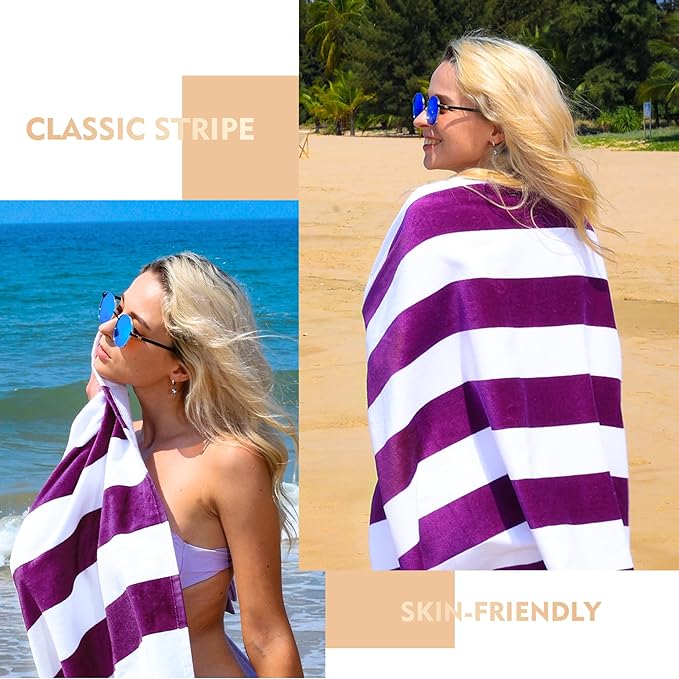 Exclusivo Mezcla 4 Pack Cotton Oversized 35x70 Inches Soft Cabana Stripe Thick Beach Towel, Super Absorbent Travel Bath Pool Towel (Purple)