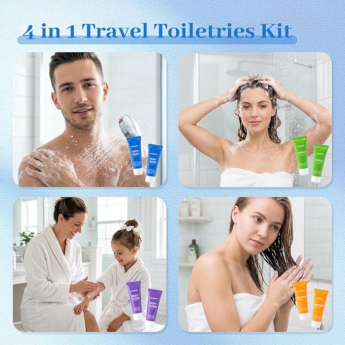 25 Set 4-IN-1 Travel Size Hotel Toiletries Bulk,100 Pack 30ml/1 fl oz Mini Hotel Toiletries with Body Wash,Shampoo,Conditioner,Body Lotion Guest Supplies Bulk for Homeless,Motel,Charity