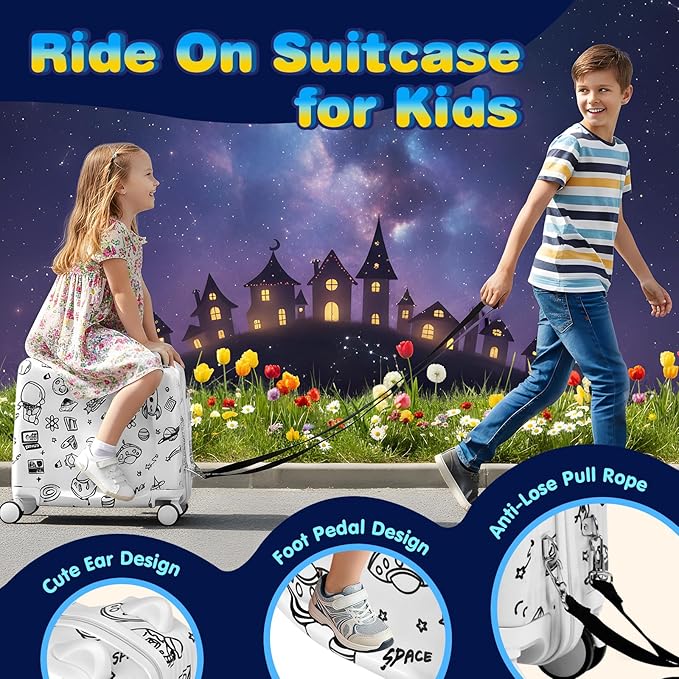 Kids Ride-On Suitcase with Cute Ears, DIY Graffiti Coloring Design, 20" Carry-On Luggage with 4 Spinner Wheels, Pull Rope & Combination Lock – Rideable Travel Case for Toddlers & Children(White)