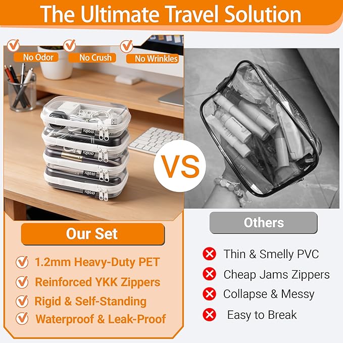 YQBRAO 2-Pack Small Clear Hard Shell Zipper Case White, 1.2mm Heavy-Duty Crush-Proof Makeup Bag, TSA Approved Toiletry Bag, Rigid Diaper Bag Organizer Pouches for Cables, Tech & Snacks