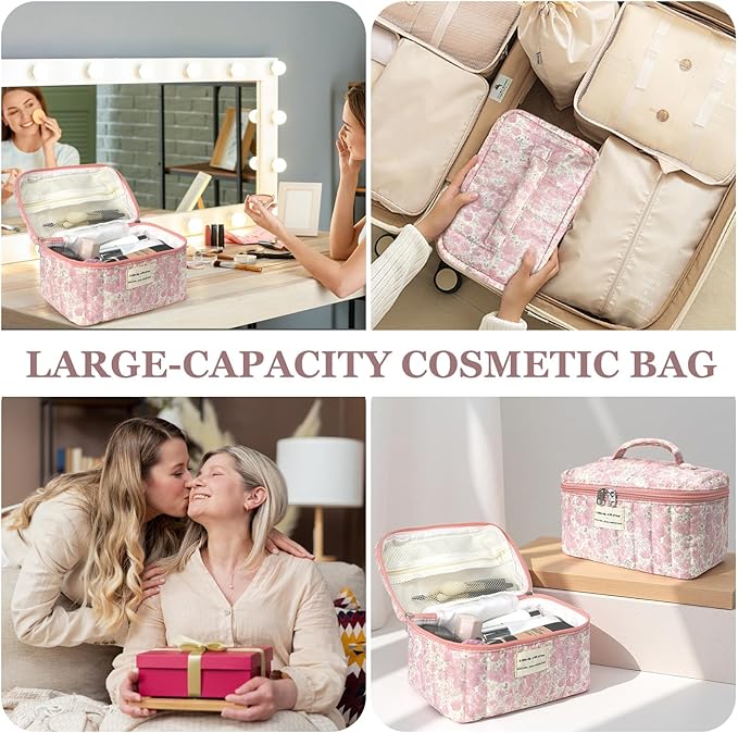Gosect Large Makeup Bag, Cute Cosmetic Bag for Women Girls, Floral Coquette Aesthetic Toiletry Bag, Travel Make Up Organizer Bag (Crushed Flower)