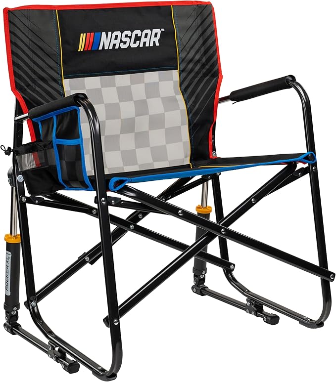 GCI Outdoor NASCAR Freestyle XL Rocker Camping & Sideline Sports Chair | Portable Folding Rocking Chair with Durable Armrests & Drink Holder | Great for Big and Tall, Black