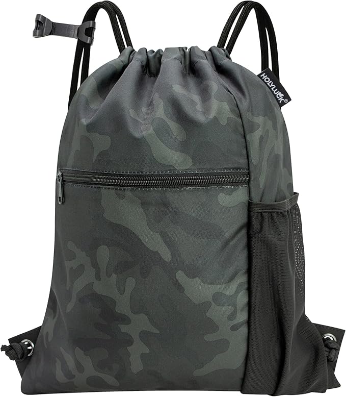 HOLYLUCK Men & Women Outdoor Sport Gym Sack Waterproof Drawstring Backpack Bag (Standard with drawstring, Black Camo)