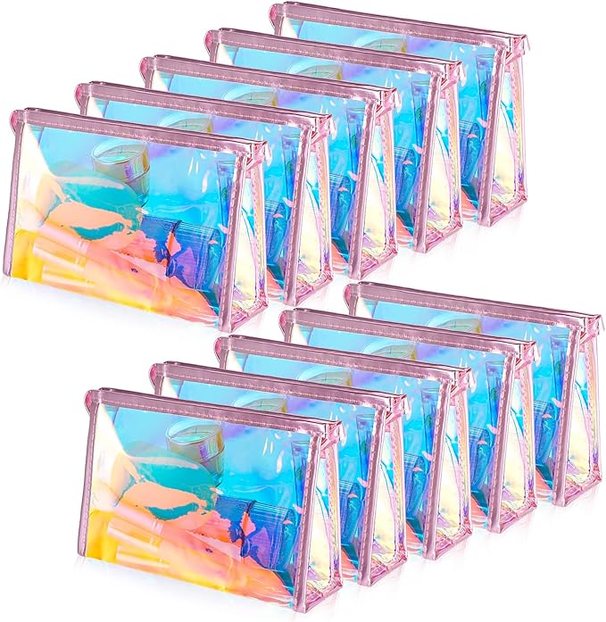 BESARME 10 Pcs Holographic Makeup Bags, Clear PVC Travel Toiletry Bag Iridescent Pouch Portable Zippered Waterproof Cosmetic Bag SPA Bathroom Vacation Party Favors Bachelorette Gifts Mothers Day Gifts