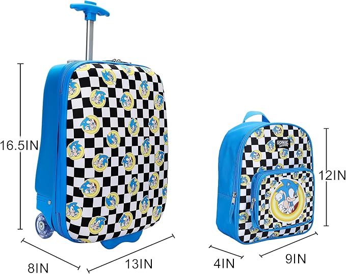 Bioworld Sonic the Hedgehog Kids' 3-Piece Travel Set With Luggage, Backpack, and Neck Pillow