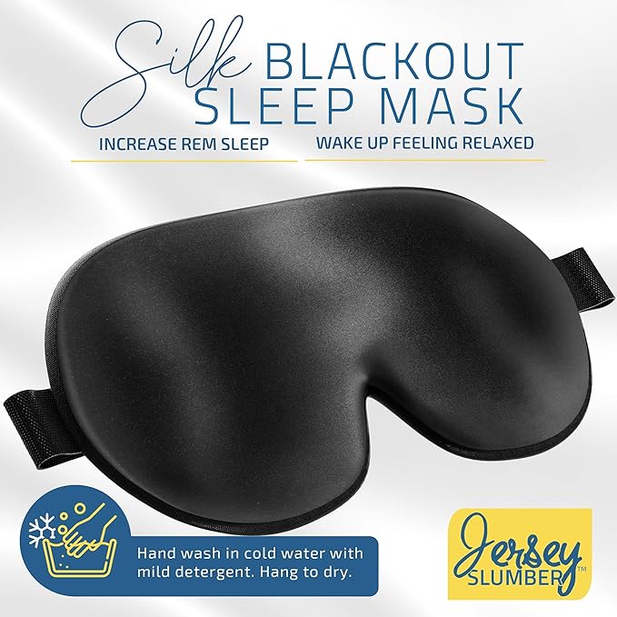 Jersey Slumber 100% Silk Sleep Mask for Women Men Side Sleeper - Light Blocking Eye Mask for Sleeping, Zero Pressure Soft Blindfold, Adjustable Strap, Silk Eye Cover for Travel Nap - Black