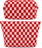 SOIDRAM 2 Pcs Checkered Makeup Bag Large Cosmetic Bag Toiletry Bag Makeup Pouch Travel Bag Organizer Cute Makeup Brushes Aesthetic Accessories Storage Bag for Women Red