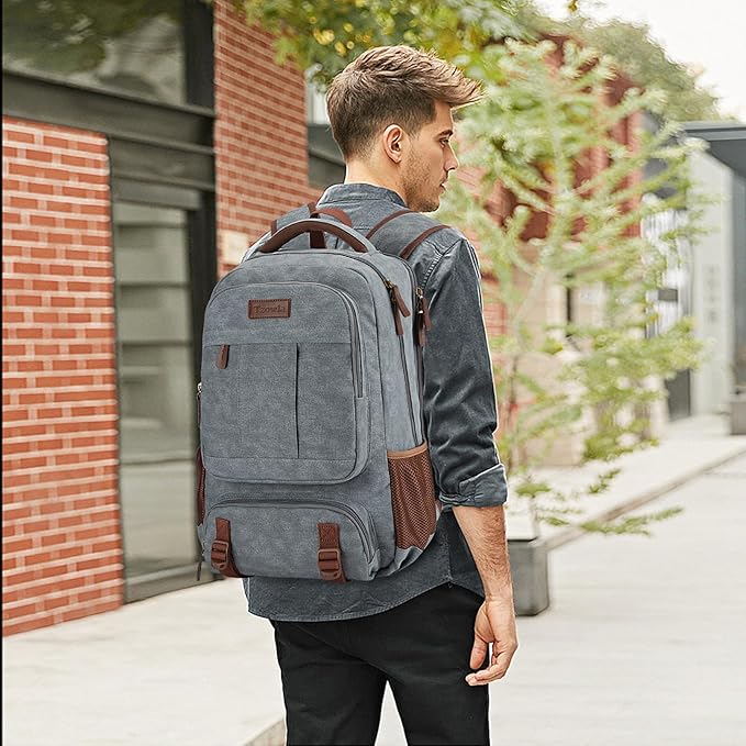 Tzowla Canvas Laptop Backpack, Bag for Men Women,Travel Work Rucksack Fits 15.6 Inch Laptop, Large Capacity Bookbag(Light Grey)
