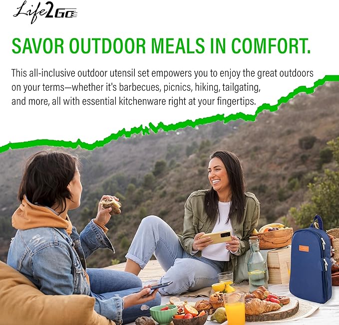 Life 2 Go 12 Pcs Camp Cooking Utensil Set & Outdoor Kitchen Gear Cookware Kit, Portable Compact Carry Case for Camping, Hiking, Travel, BBQ Grilling Stainless Steel Accessories Spoon & Fork, Navy