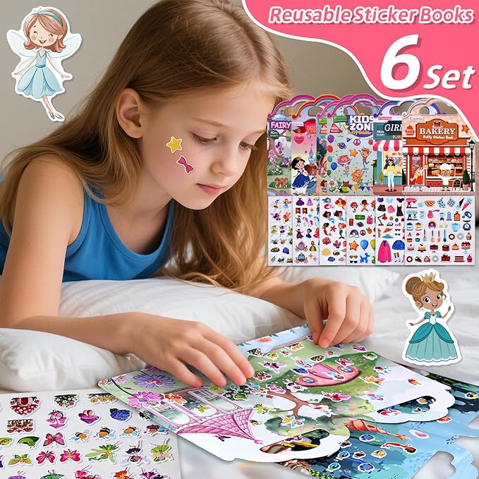 6 Set (260pcs) Puffy Sticker Books Activity for Girls, Reusable Stickers Book, Fairytale+Garden+Princess Party+Mermaid+Kids Zone+Girls' Shop, Travel Book for Kids Ages 3+