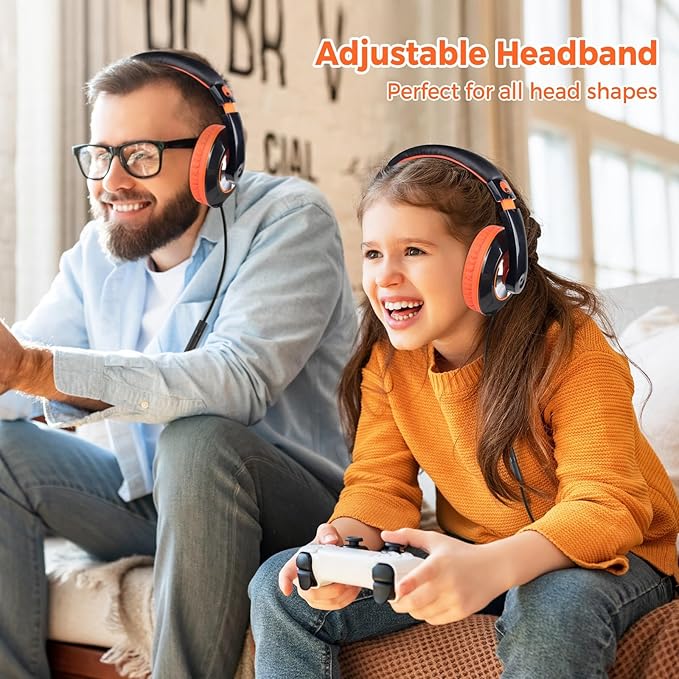 rockpapa Comfort+ Kids Headphones with Microphone, Boys Girls Student Over-Ear Headphones Wired Foldable for School Classroom Laptop PC Computer Tablet Black Orange