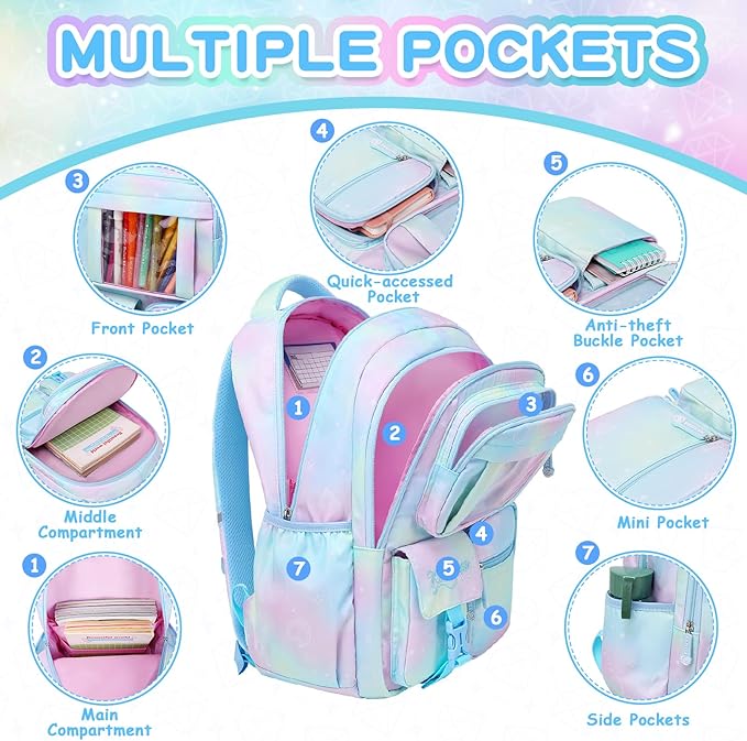 PIG PIG GIRL Kids Backpack for Girls - School Bags for Middle School Students - Book Bag for Elementary Primary - Blue