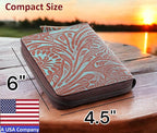 Passport Wallet - Travel Document Holder w/RFID Blocking – Full Grain Leather – Bifold compact zip around Wallet with Credit Card Slots for Women and Men,Turquoise floral,500-50