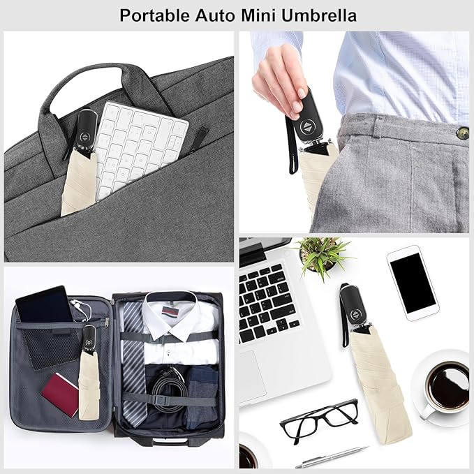 Compact Travel Umbrella for Purse - Flat Handle, Waterproof for Light Rain