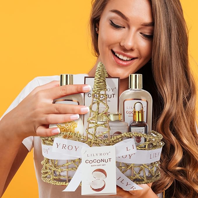 Mothers Day Gifts for Women - Coconut Bath and Body Gift Basket Set for Women and Men Spa Kit Spa Gift Baskets | Valentines Day Gifts, Birthday, Christmas Gift, All Occasion Present for Mom