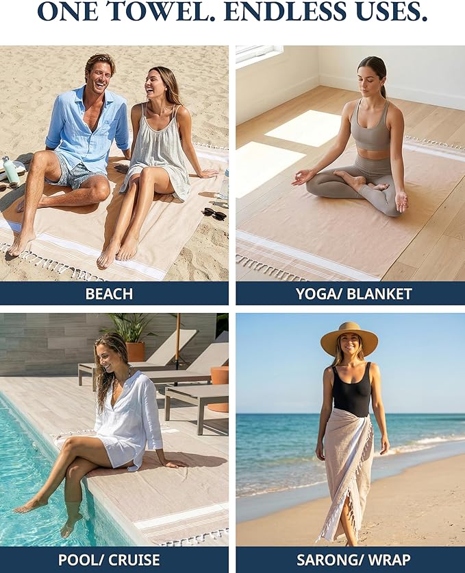 LANE LINEN Oversized Beach Towels, 2 Pack Turkish Towel Set for Adults, Lightweight, Quick Dry, Absorbent & Sand Proof, 39"x71" Pool Towels – Beige