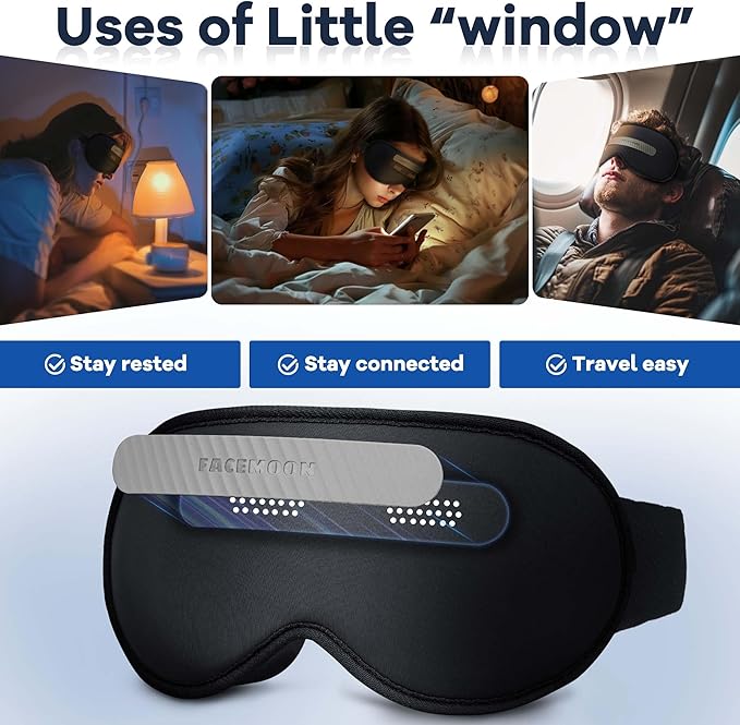 See-Through Sleep Mask with Removable Blackout Strip, Peek-a-Boo Window, 3D No-Pressure Eye Cups, Lash-Friendly, Adjustable Strap (Black)