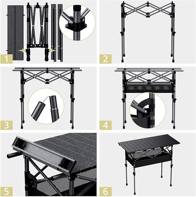 Anbte 3ft Aluminum Roll Top Camping Table Max 27.5", 2 Adjustable Height Folding Camping Table Waterproof with Storage Net and Bag for BBQ Picnic Tailgating Backyard RV Travel, 32.2” x 16”, Pure Black