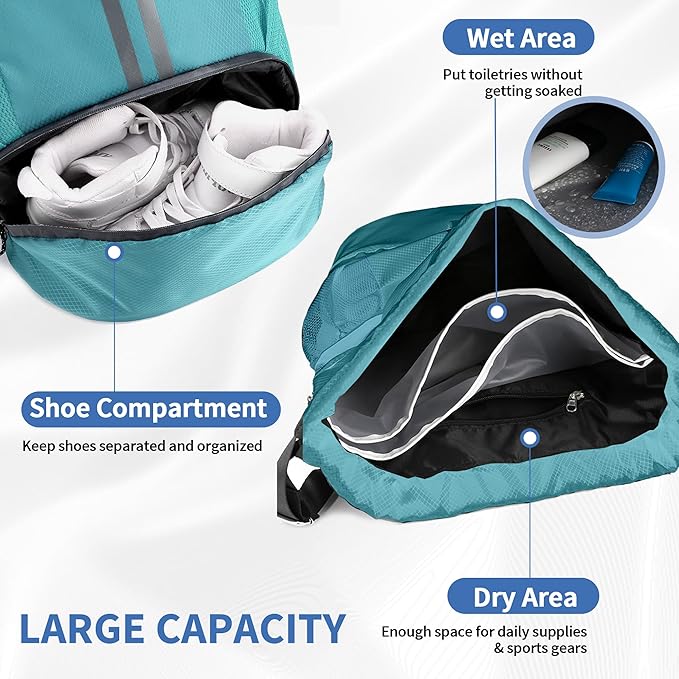 JELUTAR Drawstring Backpack Gym Bag with Shoes Compartment for Soccer, Basketball, Swim, Water-Resistant String Backpack Beach Cinch for Women Men, Teal