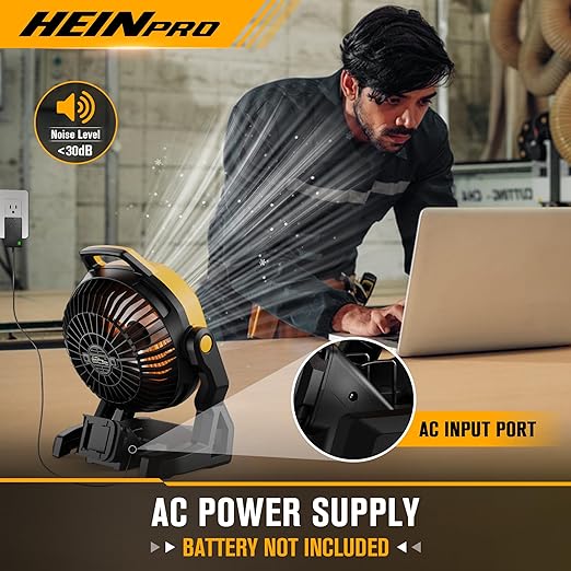 HEINPRO Battery Powered Fan Compatible with Dewalt 20V Max Battery with AC Adapter (No Battery) Up to 650CFM, Variable Speed, Low Noise 30dB, Portable Cordless Fan for Camping, Jobsite