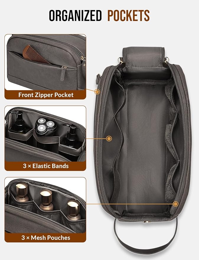PU Leather Toiletry Bag for Men - Water Resistant Travel Bag for Toiletries, Bathroom Essentials, Accessories - Grey