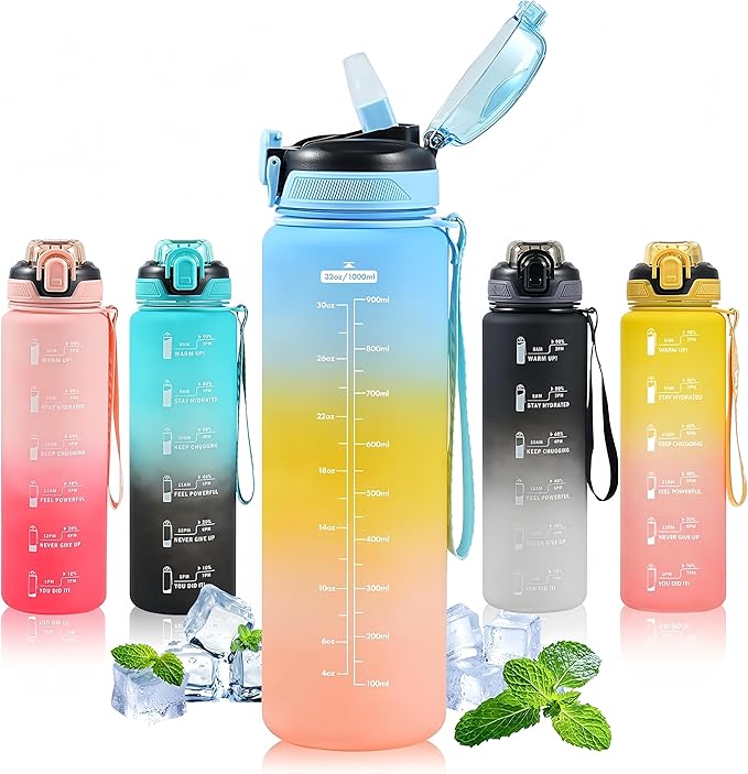 Water Bottle with Straw 1L,Boys Water Bottles with Straw 1 Litre,Waterbottle Leak-Proof Sports Water Bottle,Plastic Drinks Bottles Toxin Free，Bpa-Free (Blue Yellow)