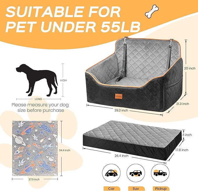 HiPetpy Dog Car Seat Elevated Memory Foam Booster Seat for Large Medium Dogs Under 55 lbs with Pet Blanket, Washable Pet Car Seat with Safety Leash, Anti-Slip Base and Storage Pockets