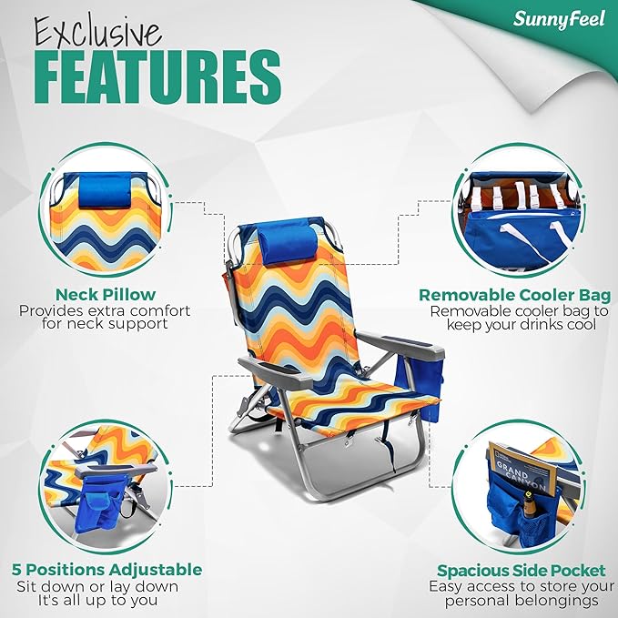 SUNNYFEEL Low Beach Chair, 5-Position Lay Flat Reclining, Backpack Portable Folding Chair with Cooler Bag & Cup Holder, Heavy Duty 350 LBS, Compact for Beach, Camping, Travel
