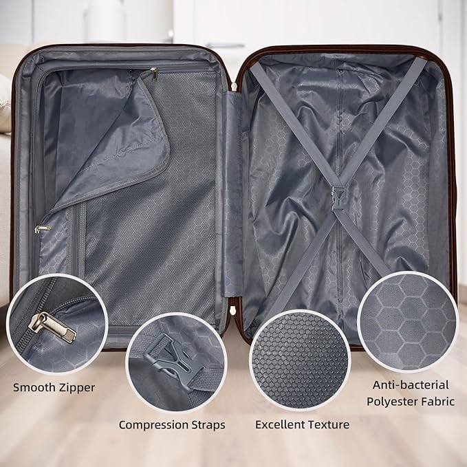 6 Piece Luggage Sets with Bags, Lightweight Expandable Checked Luggage Sets, Hardshell ABS Spinner Wheels Carry on Suitcase with TSA Lock, for Travel, Women Men (Mocha, 18/20/24/28inch+2bags)