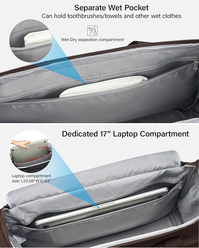 Hanke Large Capacity Travel Duffel Bag, Carry On Luggage with 12 Pockets, 17 Inch Laptop Compartment, Wet Dry Separation & Independent Shoe Bag, Lightweight Foldable Duffel Bag for Women Men（Coffee）