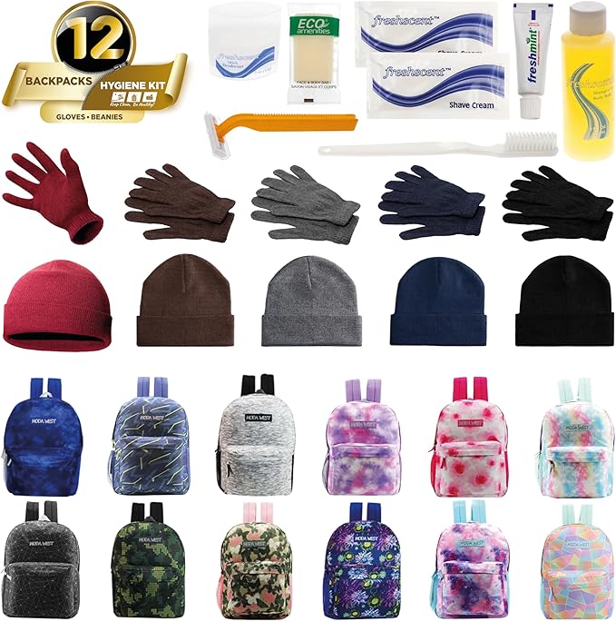 Bulk Case of 12 Backpacks, 12 Winter Item Sets, 12 Hygiene Kits - Hygiene Kits and Clothing for Emergencies, Homeless, Charity