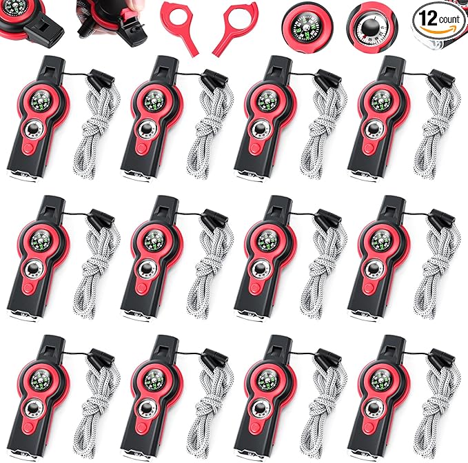 Arrowbash 12 Pack Emergency Survival Whistle 7-in-1 Compass Hiking Survival Safety Whistle with Lanyard Outdoor Multifunctional Tool Ideal for Hiking Camping Rescue Signaling