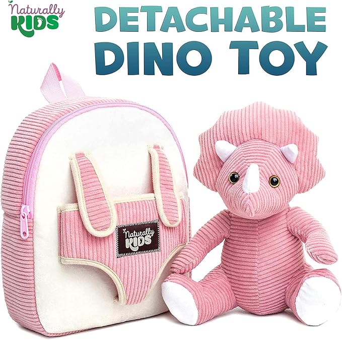 Naturally KIDS Pink Triceratops Toy, Triceratops Stuffed Animal for 2 3 4 5 Year Old Girl, Stuffed Dinosaur for Girls, Pink Toddler Backpack