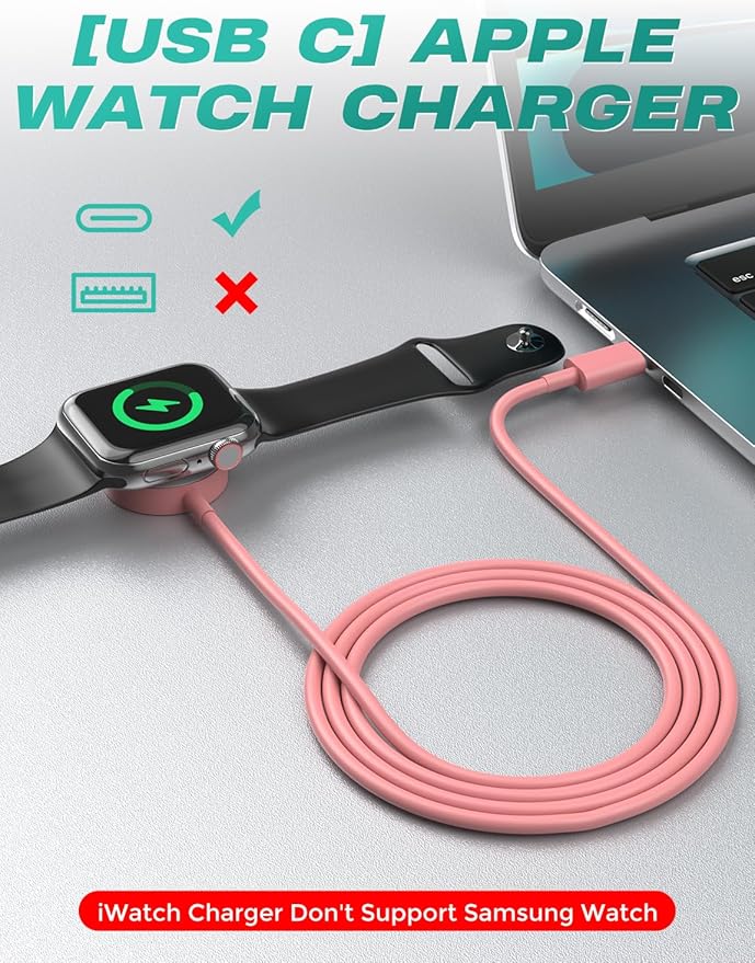 2Pack USB C for Watch Charger Magnetic Charger Wireless Portable Compatible with Watch Ultra2 Ultra Series 10/9/8/7/6/SE/SE2/5/4/3/2/1-[1m/Pink]