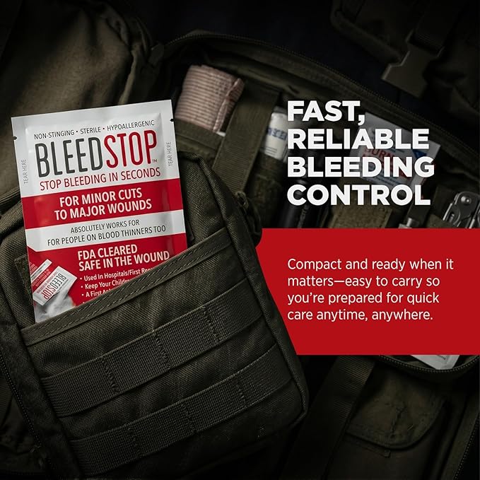 BleedStop™ First Aid Powder for Blood Clotting, Trauma Kit, Blood Thinner Patients, Camping Safety, and Survival Equipment for Moderate to Severe Bleeding Wounds or Nosebleeds 5 Pack 15g