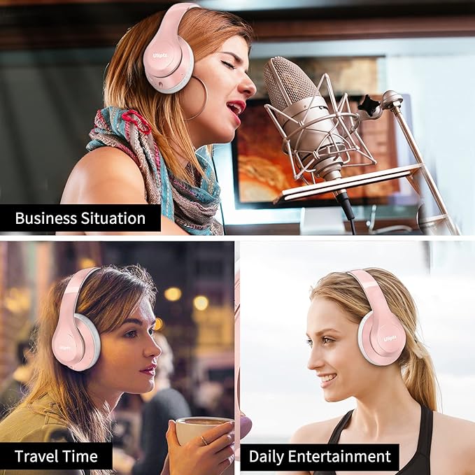 Uliptz Wireless Bluetooth Headphones, 65H Playtime, 6EQ Sound Modes, HiFi Stereo Over Ear Headphones with Microphone, Foldable Bluetooth 6.0 Headphone for Travel/Office/Cellphone/PC (Rose Gold)