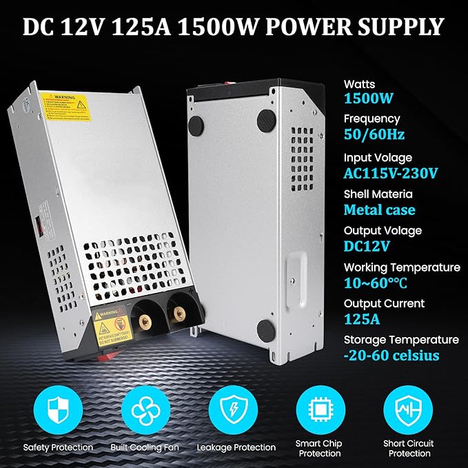 New Version 110V to 12V DC Converter 125A 1500W Power Supply, AC to DC Converter, 120V to 12V 125A Power Supply 1500W for RV, Pump, LED Strip, LCD Monitor