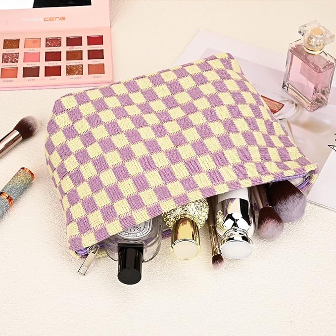SOIDRAM 2 Pieces Makeup Bag Large Checkered Cosmetic Bag Capacity Canvas Travel Toiletry Bag Organizer Cute Makeup Brushes Aesthetic Accessories Storage Bag for Women,Checkered L Purple Light blue