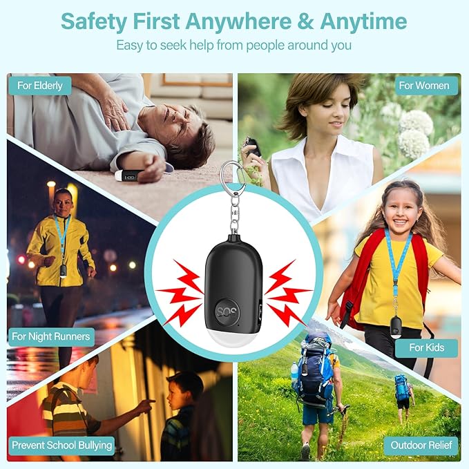 Hion Personal Safety Alarm for Women, 3 Pack Rechargeable 130dB Self Defense Keychain with LED Flashlight, Emergency Safe Sound Security Alarm for Children Elderly, White+Pink+Black