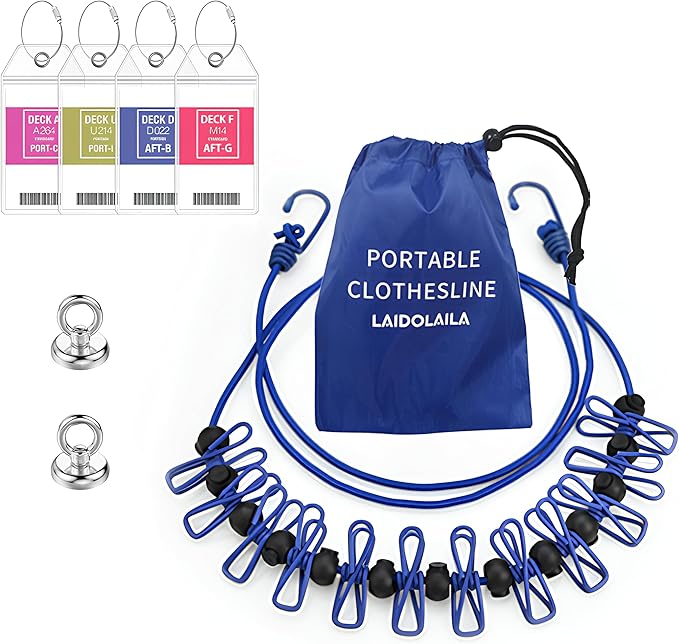 Magnetic Retractable Clothes Line for Cabin - Approved 2025 2026 Cruise Essentials Clothes Drying Rack Travel Clothesline with Clothespins -4 Luggage Tags Strong Magnets Hooks (Blue)