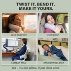 Dot&Dot Twist Memory Foam Travel Pillow for Airplanes, Travel Neck Pillow for Sleeping, Airplane Pillow for Neck Support, Chin, Lumbar and Leg, Adjustable Bendable Neck Roll Pillow
