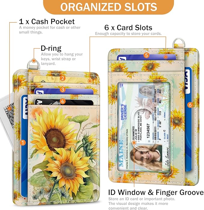 Yonlevres Sunflower Credit Card Holder Slim Wallet, RFID Wallet Women Front Pocket Wristlet Lanyard, Small Card Holder Travel Funny Cute Thin Card Case ID Window PU Leather Card Organizer Gifts Girls