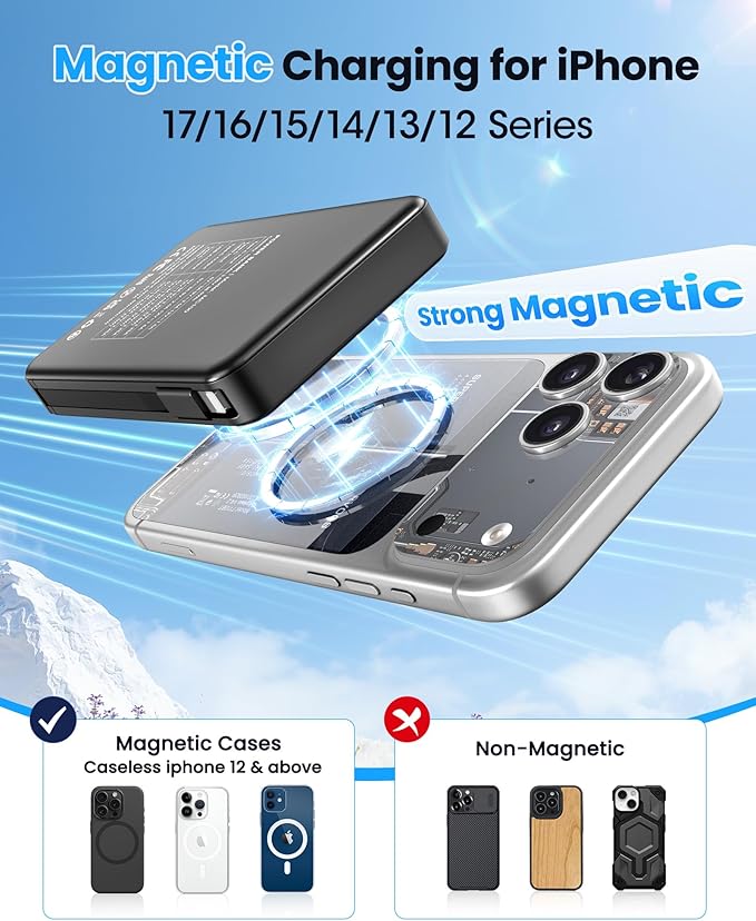 Magnetic Portable Charger, Power Bank Fast Charging 22.5W 10000mAh, Portable Charger with Built in Cable, for Magsafe Battery Pack Compatible with iPhone 17/16/15/14/13/12 Pro/Pro Max, Samsung Black